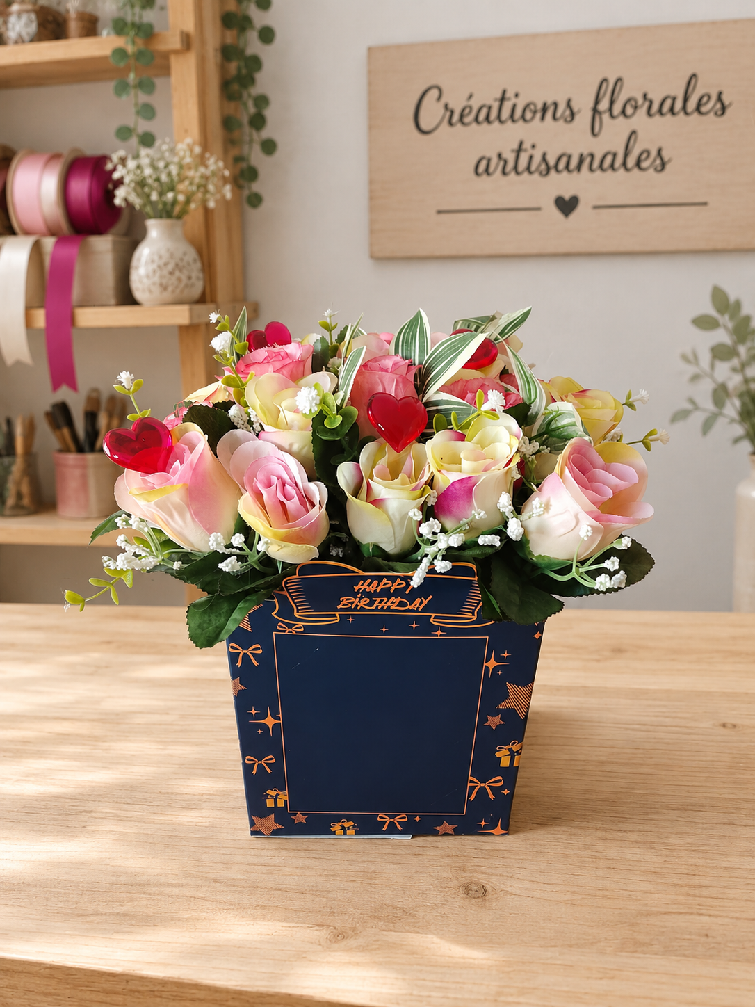 Boîte cadeau anniversaire garnie de roses