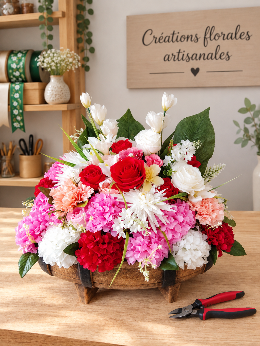 Grand tonneau avec ses compositions florales multiples