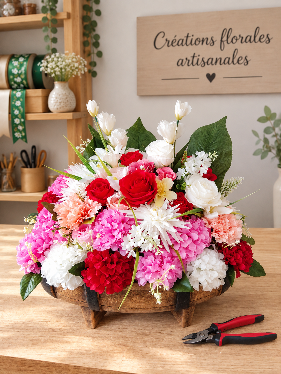 Grand tonneau avec ses compositions florales multiples